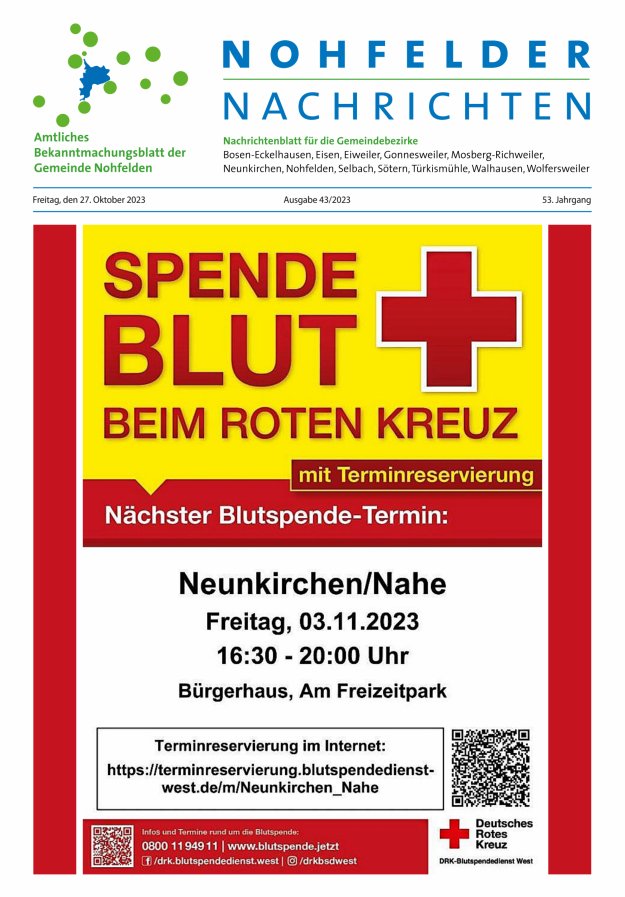 Nohfelder Nachrichten Titelblatt 43/2023