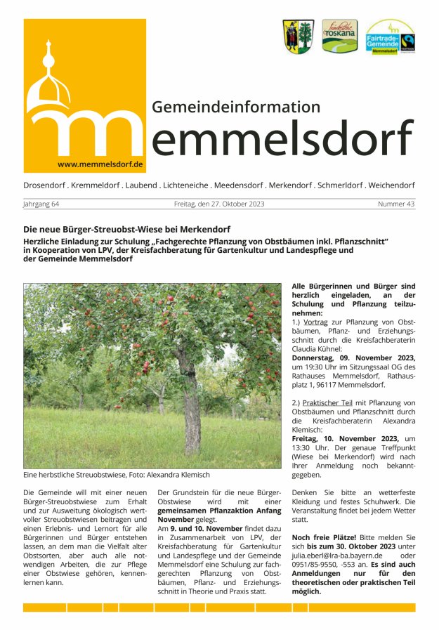 Mitteilungsblatt der Gemeinde Memmelsdorf Titelblatt 43/2023
