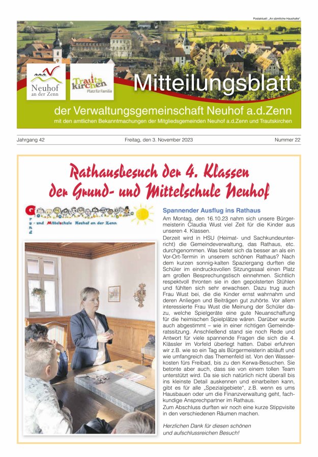 Mitteilungsblatt der Verwaltungsgemeinschaft Neuhof an der Zenn mit den amtlichen Bekanntmachungen der Mitgliedsgemeinden Neuhof an der Zenn und Trautskirchen Titelblatt 22/2023