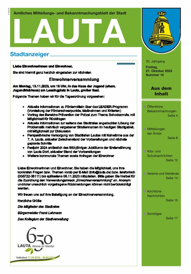 Amtliches Mitteilungs- und Bekanntmachungsblatt der Stadt Lauta - Stadtanzeiger Titelblatt 10/2023
