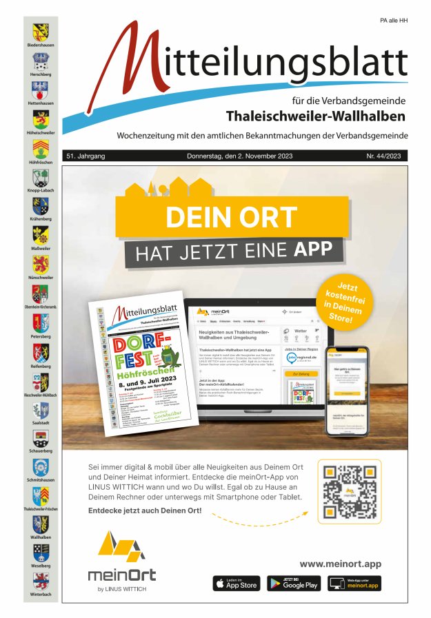 Mitteilungsblatt VG Thaleischweiler-Wallhalben Titelblatt 44/2023