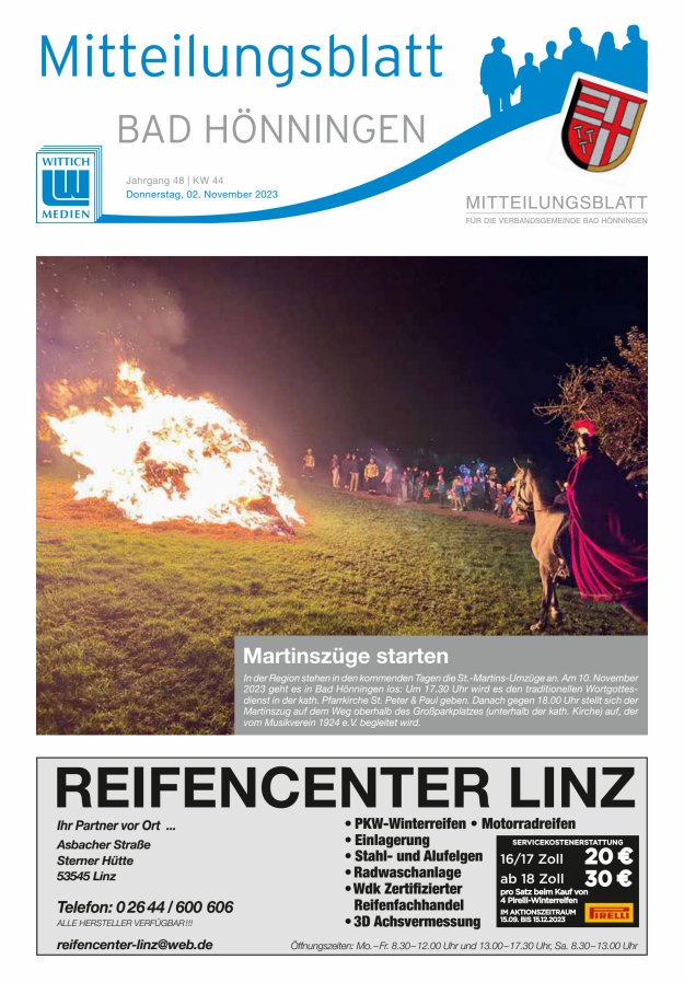 Mitteilungsblatt für den Bereich der Verbandsgemeinde Bad Hönningen Titelblatt 44/2023
