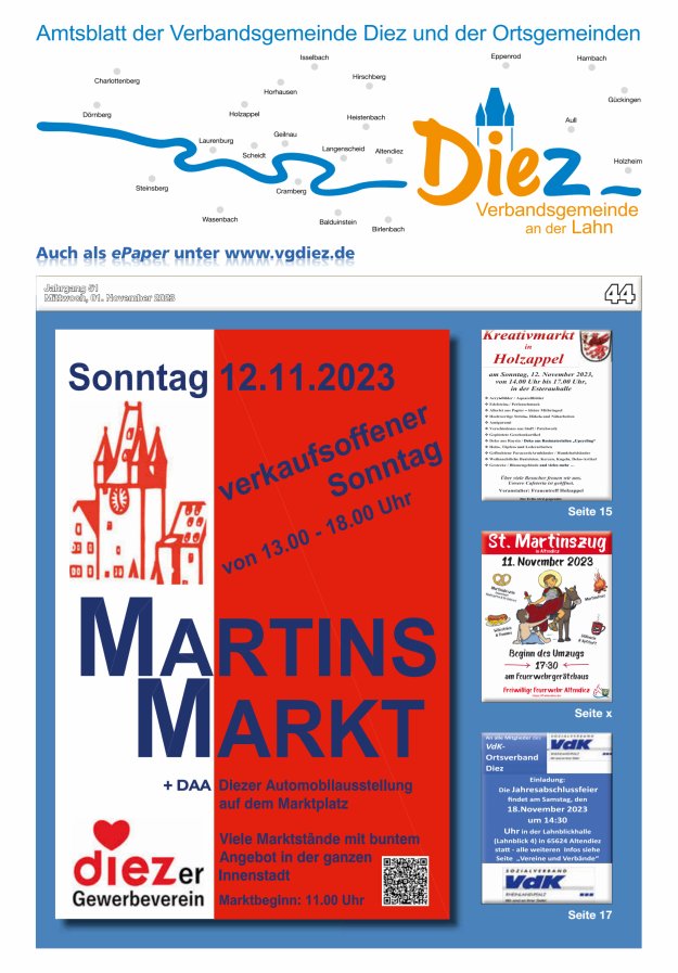Mitteilungsblatt der Verbandsgemeinde Diez und der Ortsgemeinden Titelblatt 44/2023