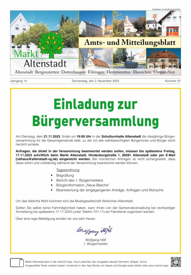 Amts- und Mitteilungsblatt des Marktes Altenstadt Titelblatt 22/2023