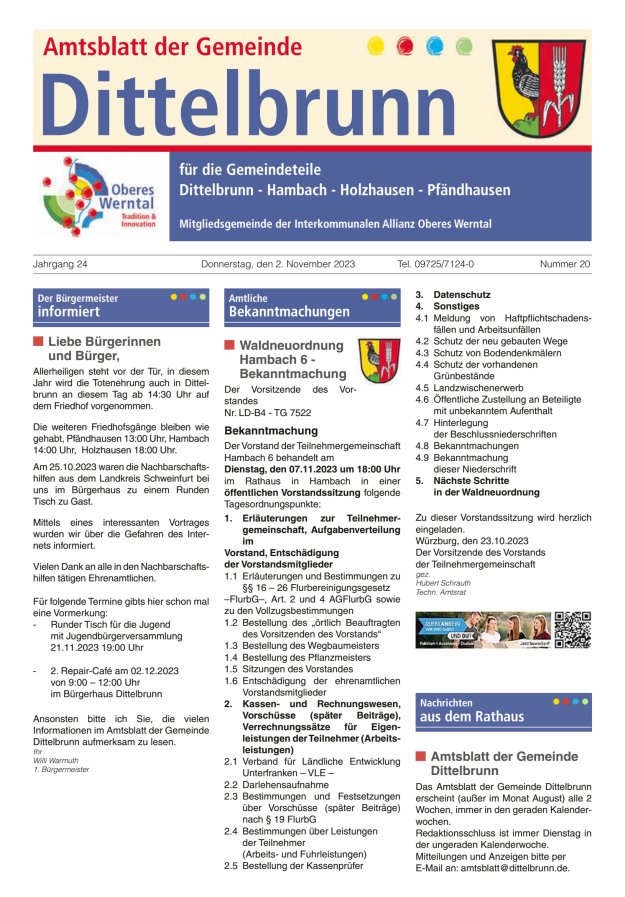 Amtsblatt der Gemeinde Dittelbrunn Titelblatt 20/2023