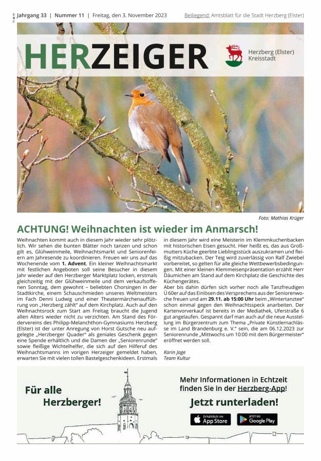Amtsblatt für die Stadt Herzberg (Elster) mit Bekanntmachungen der Stadt  Titelblatt 11/2023