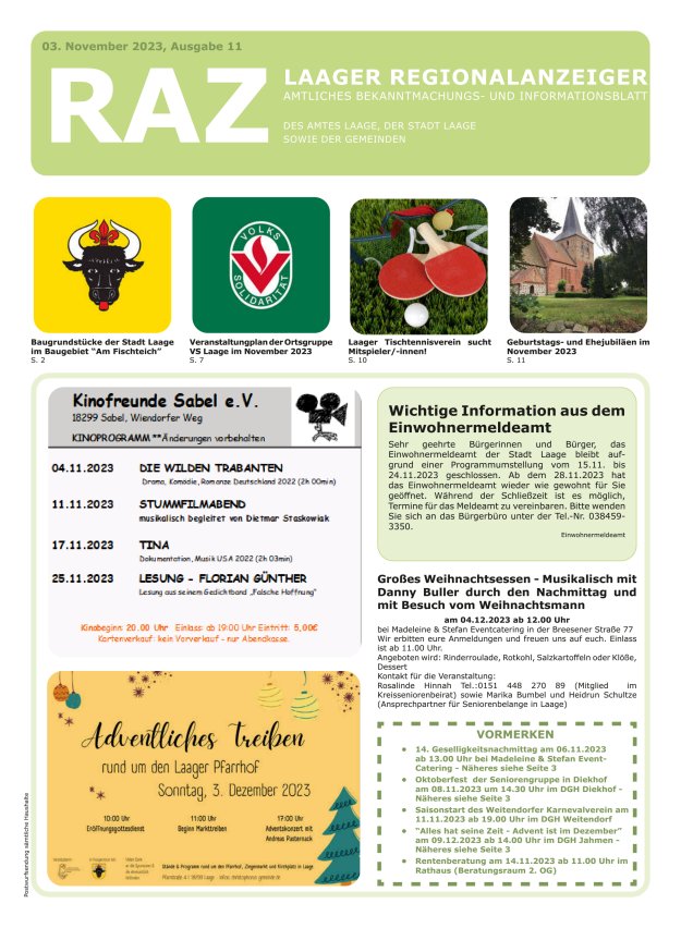 Laager Regionalanzeiger Titelblatt 11/2023