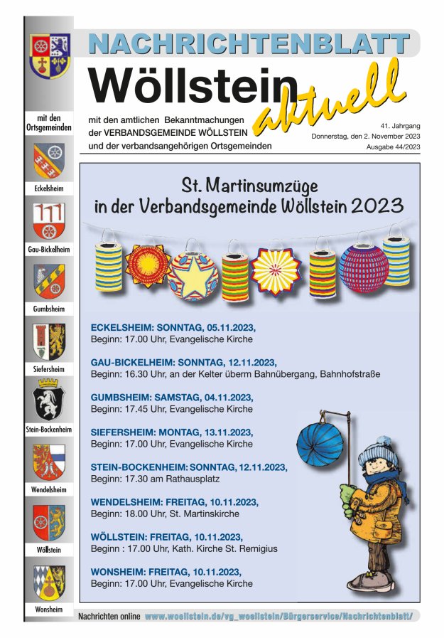 Nachrichtenblatt Wöllstein aktuell Titelblatt 44/2023