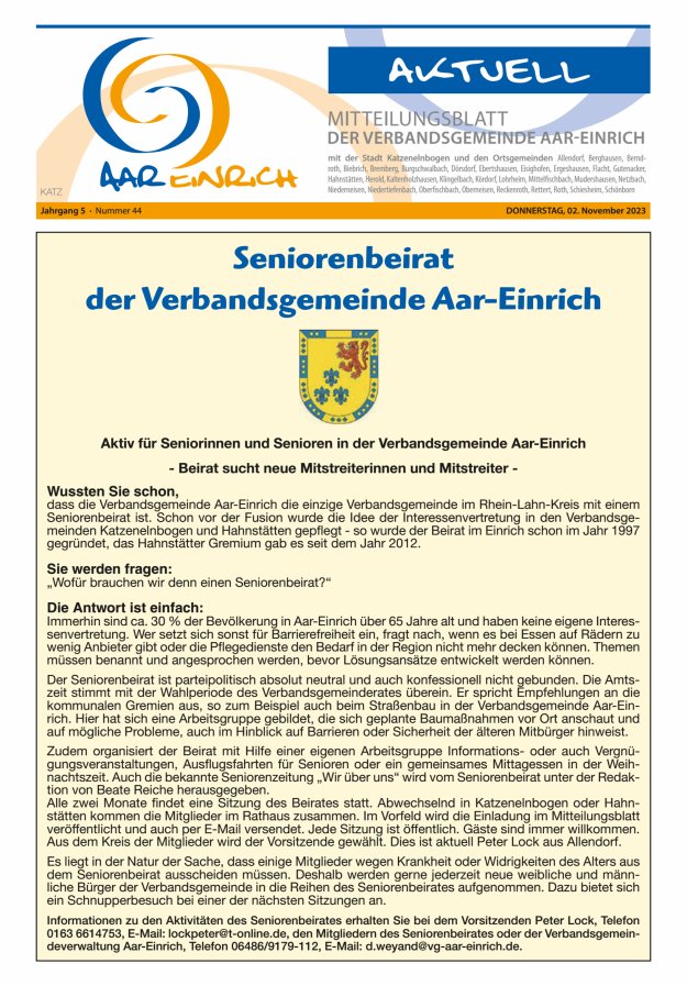Mitteilungsblatt der Verbandsgemeinde Aar-Einrich Ausgabe Katzenelnbogen Titelblatt 44/2023