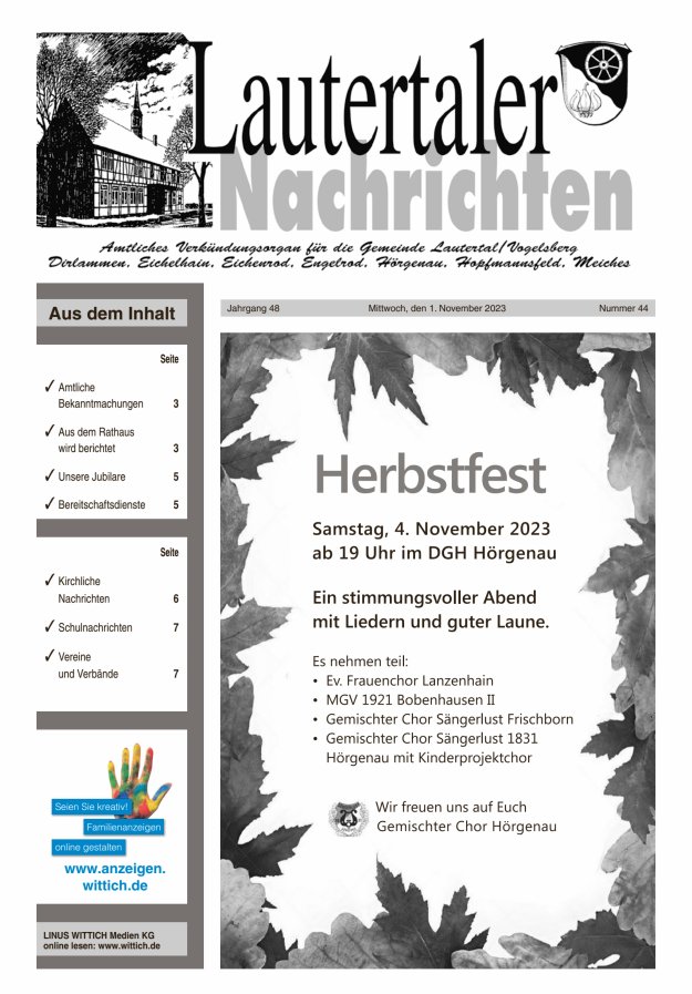 Lautertaler Nachrichten Titelblatt 44/2023