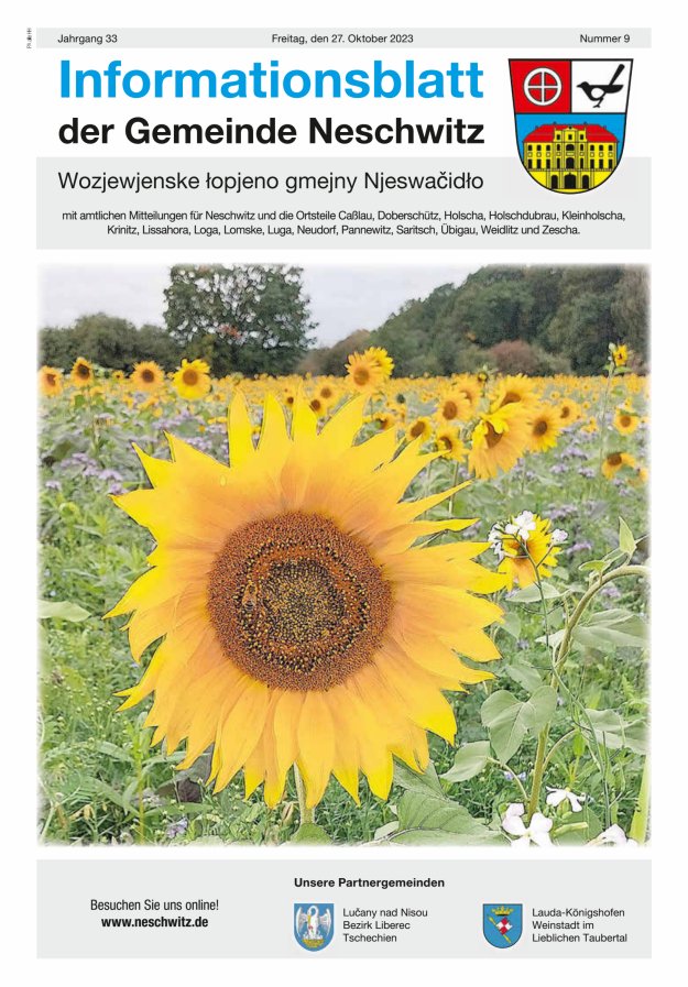 Informationsblatt der Gemeinde Neschwitz mit amtlichen Mitteilungen Titelblatt 09/2023