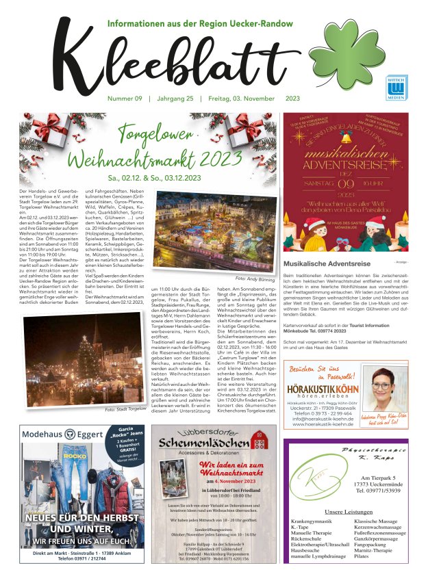 Kleeblatt - Mitteilungsblatt der Region Uecker-Randow Titelblatt 09/2023