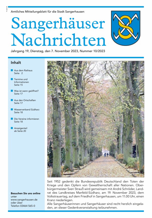 Sangerhäuser Nachrichten – Amtliches Mitteilungsblatt für die Stadt Sangerhausen Titelblatt 10/2023