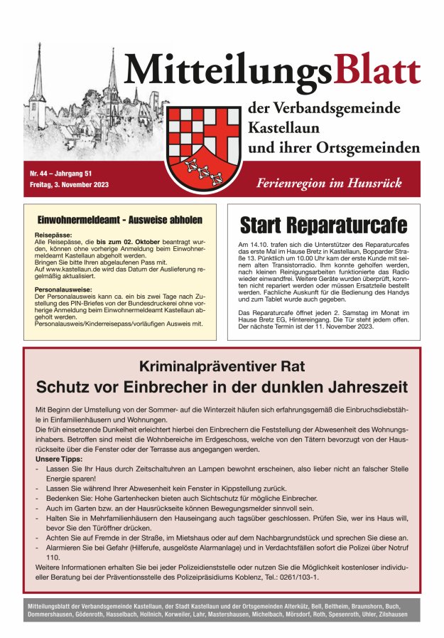 Mitteilungsblatt Kastellaun Titelblatt 44/2023