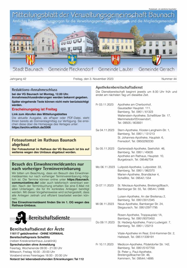 Mitteilungsblatt Verwaltungsgemeinschaft Baunach Titelblatt 44/2023