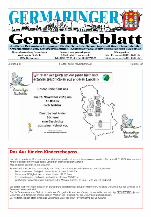 Germaringer Gemeindeblatt Titelblatt 22/2023