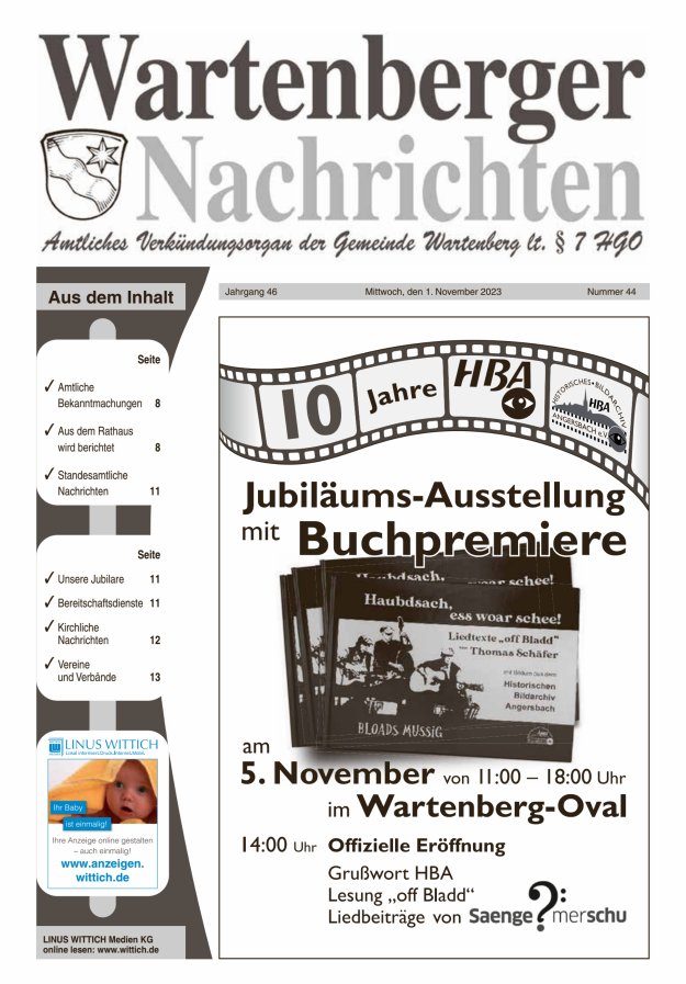 Wartenberger Nachrichten Titelblatt 44/2023