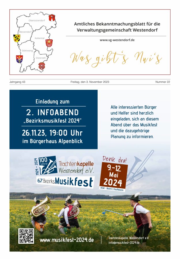Was gibt's Nui's Amtliches Bekanntmachungsblatt für die VG Westendorf Titelblatt 22/2023