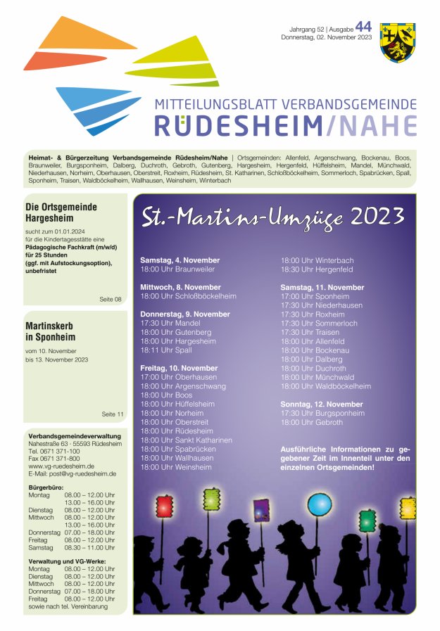 Mitteilungsblatt Verbandsgemeinde Rüdesheim und zugehörige Ortsgemeinden Titelblatt 44/2023