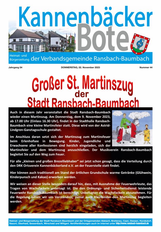 Kannenbäcker-Bote der Verbandsgemeinde Ransbach-Baumbach Titelblatt 44/2023