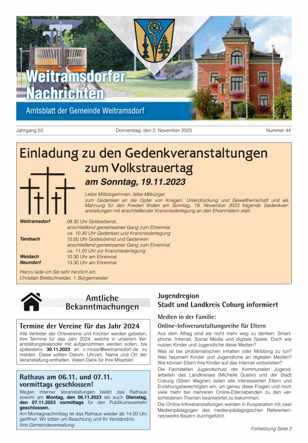 Weitramsdorfer Nachrichten Titelblatt 44/2023