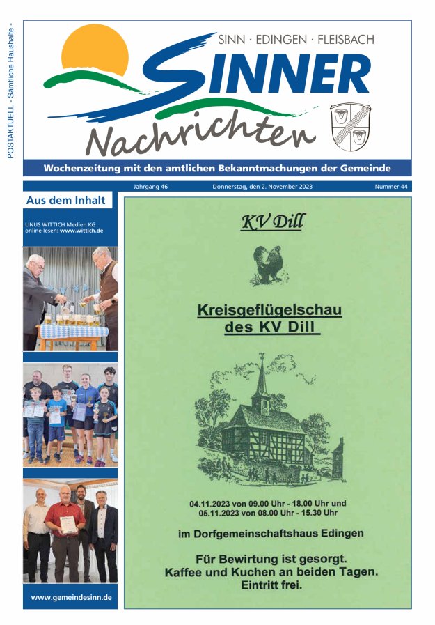 Sinner Nachrichten Titelblatt 44/2023