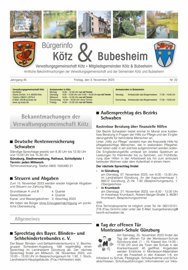 Amtsblatt der VG Kötz und der Mitgliedsgemeinden Titelblatt 22/2023