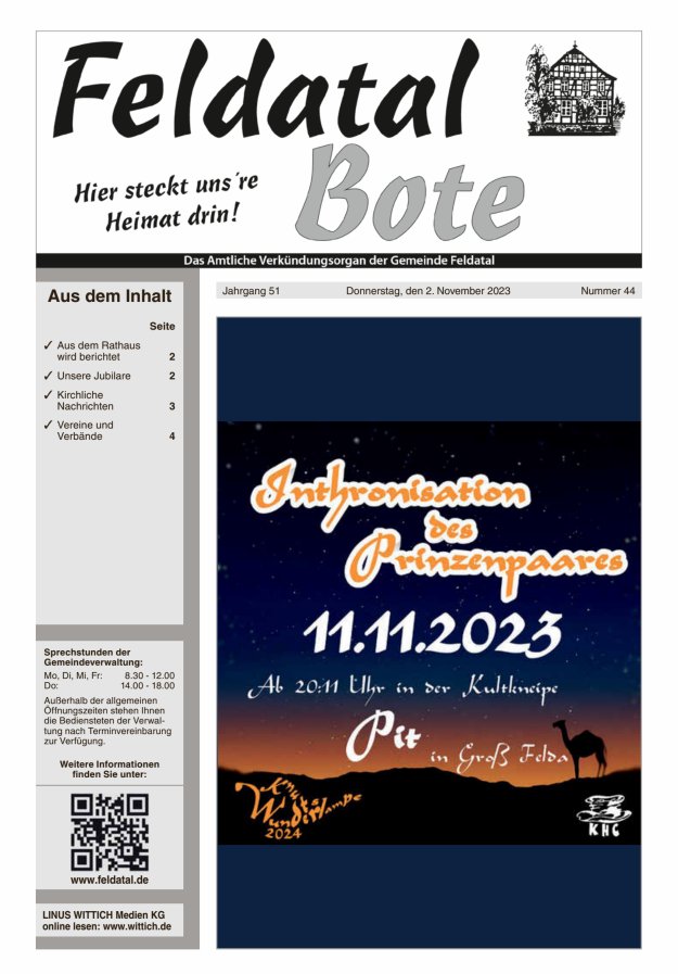 Das Amtliche Verkündungsorgan der Gemeinde Feldatal Titelblatt 44/2023