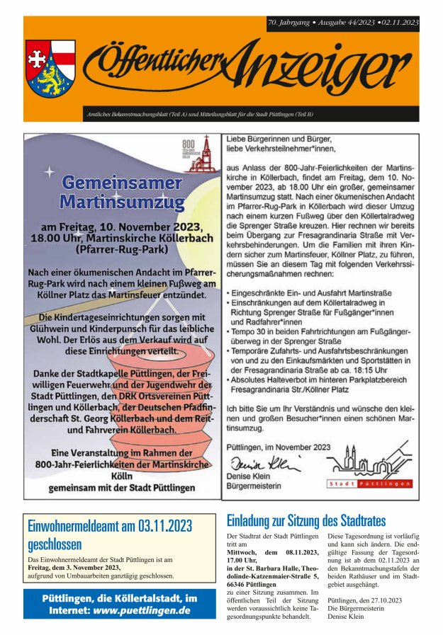 Öffentlicher Anzeiger - Stadt Püttlingen Titelblatt 44/2023