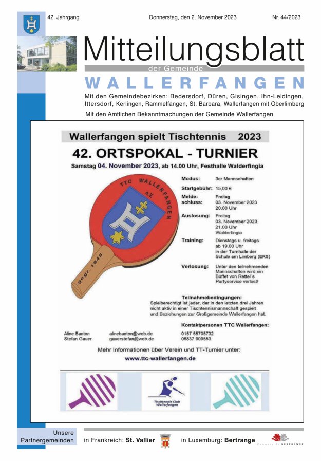 Mitteilungsblatt Gemeinde Wallerfangen Titelblatt 44/2023