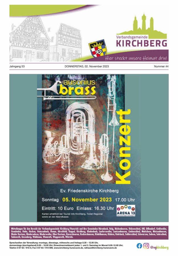 Mitteilungen der Verbandsgemeinde Kirchberg Hunsrück Titelblatt 44/2023