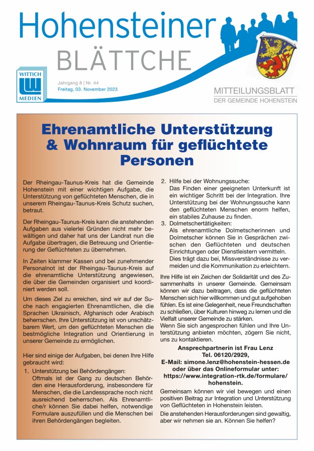 Hohensteiner Blättche Titelblatt 44/2023
