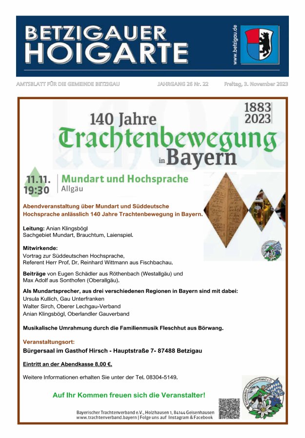 Betzigauer Hoigarte Amtsblatt der Gemeinde Betzigau Titelblatt 22/2023
