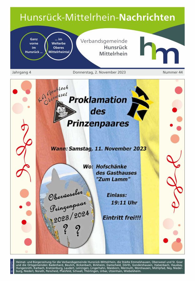 Hunsrück-Mittelrhein Nachrichten Ausgabe St Goar Oberwesel Titelblatt 44/2023
