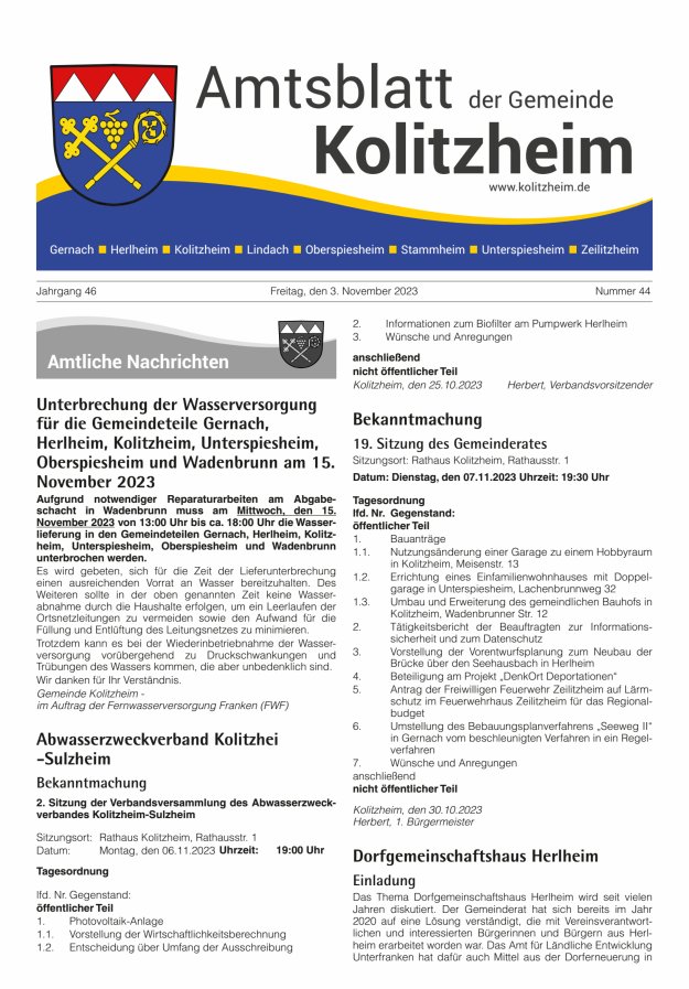 Amtsblatt der Gemeinde Kolitzheim Titelblatt 44/2023