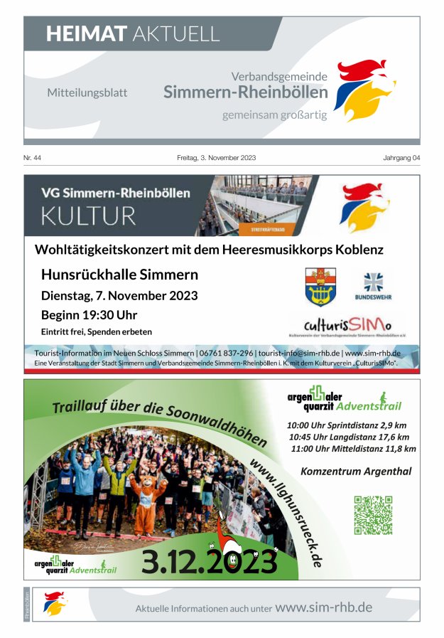 Heimat Aktuell Mitteilungsblatt der VG Simmern-Rheinböllen-Ausg Rheinböllen Titelblatt 44/2023