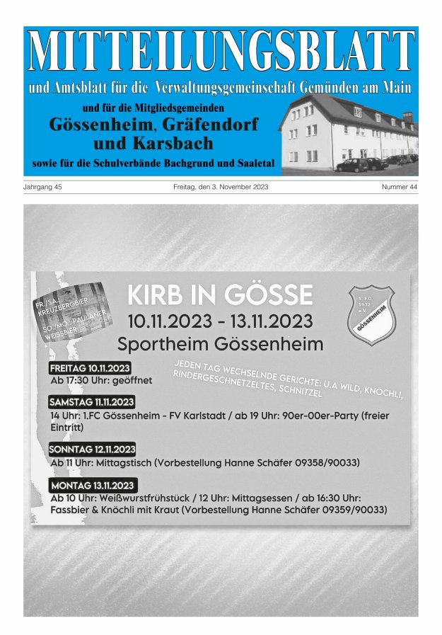 Mitteilungsblatt der VG Gemünden a Main Titelblatt 44/2023