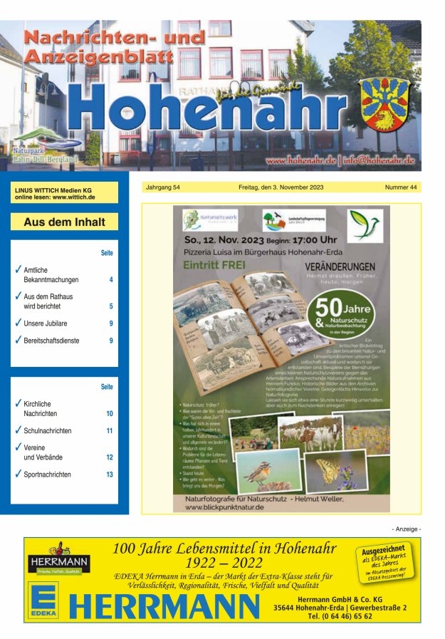 Nachrichten- und Anzeigenblatt für die Gemeinde Hohenahr Titelblatt 44/2023