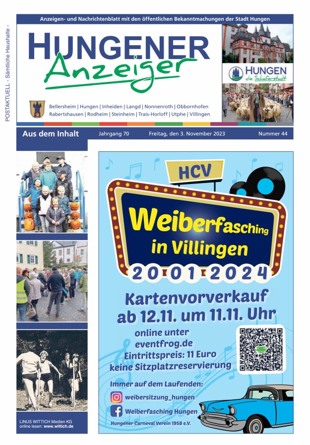 Anzeigen- und Nachrichtenblatt mit den öff  Bekanntmachungen der Stadt Hungen Titelblatt 44/2023