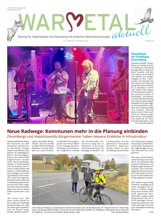 Warmetal aktuell (Habichtswald + Zierenberg) Titelblatt 44/2023