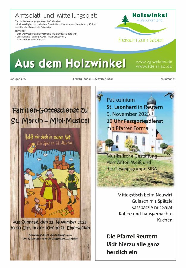 Aus dem Holzwinkel Amtsblatt u Mitteilungsblatt f VG Welden u GemAdelsried Titelblatt 44/2023