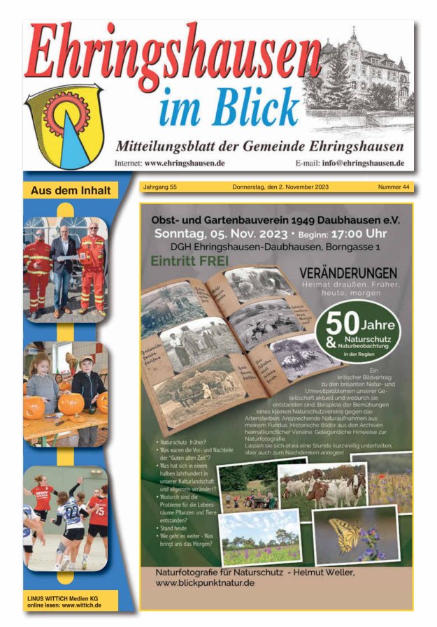 Mitteilungsblatt der Gemeinde Ehringshausen Titelblatt 44/2023