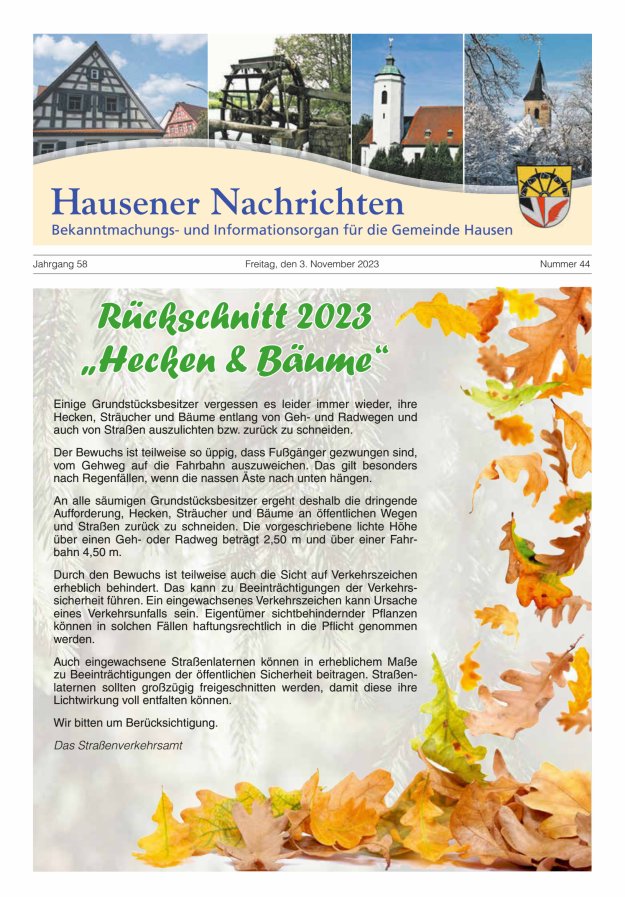 Hausener Nachrichten Titelblatt 44/2023