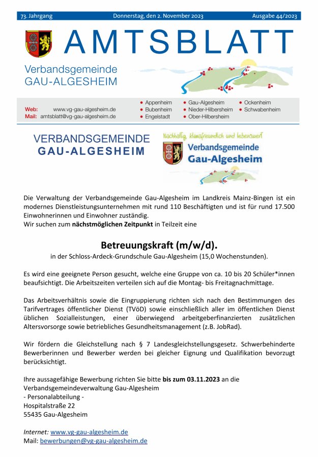 Amtsblatt der VG Gau-Algesheim Titelblatt 44/2023