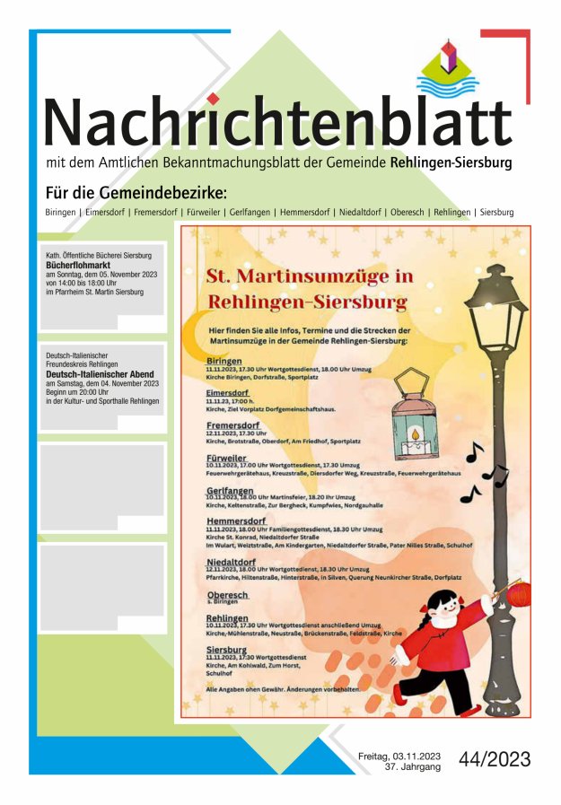 Nachrichtenblatt Rehlingen-Siersburg Titelblatt 44/2023