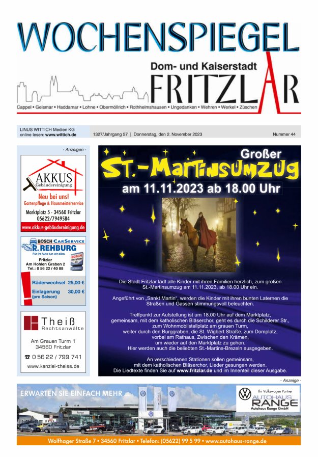 Wochenspiegel Dom- und Kaiserstadt Fritzlar Titelblatt 44/2023