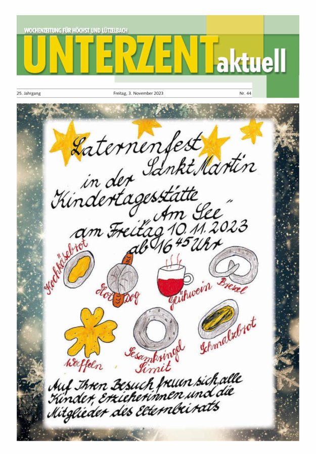 Unterzent aktuell Wochenzeitung für Höchst und Lützelbach Titelblatt 44/2023