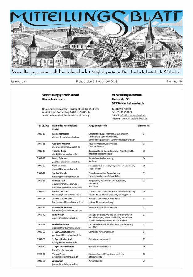 Mitteilungsblatt Verwaltungsgemeinschaft Kirchehrenbach Titelblatt 44/2023