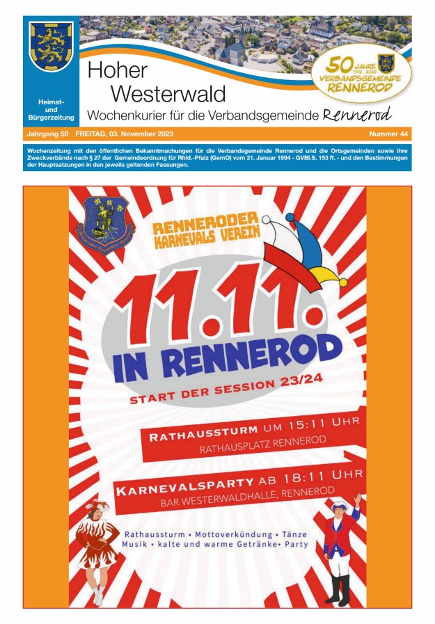 Hoher Westerwald - Wochenkurier für die Verbandsgemeinde Rennerod Titelblatt 44/2023