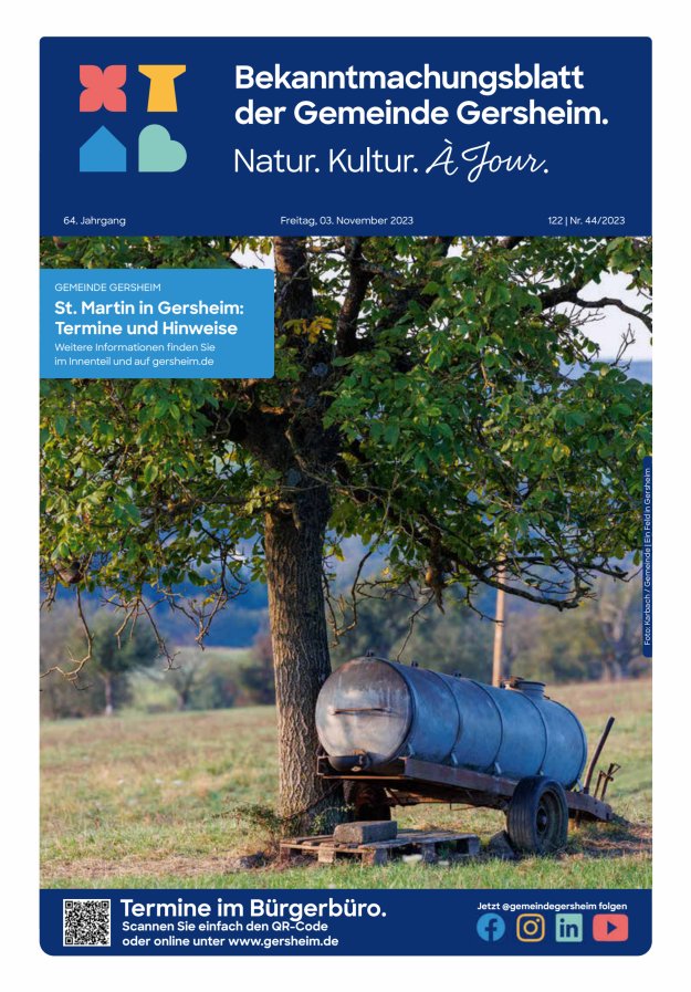 Bekanntmachungsblatt der Gemeinde Gersheim Titelblatt 44/2023